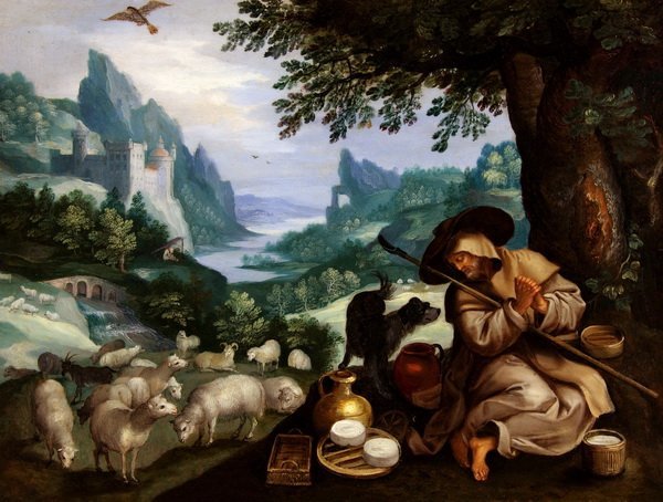 Репродукция картины Скалистый пейзаж с отшельником Венделинусом - Брейгель Ян