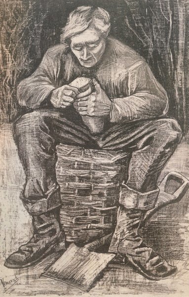 Репродукция картины Рабочий сидит на корзине, нарезка хлеба (Workman Sitting on a Basket, Cutting Bread) - Ван Гог Винсент