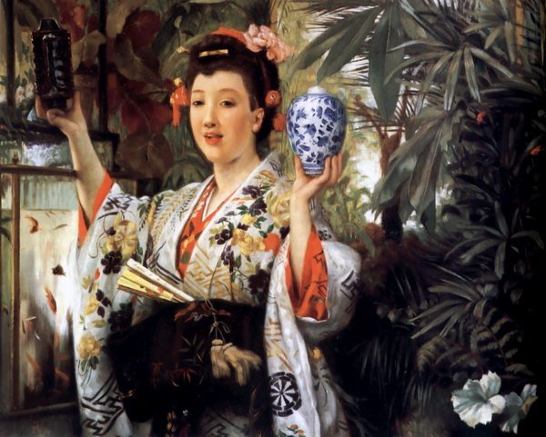 Репродукция картины Молодая девушка держит японскую вазу (Young Lady Holding Japanese Objects) - Тиссо Джеймс