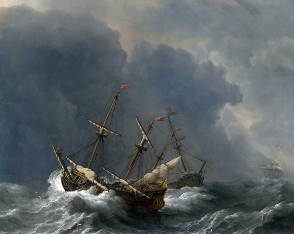 Репродукция картины Три корабля в шторм (Three Ships in a Gale) - Вельде Виллем ван де Старший
