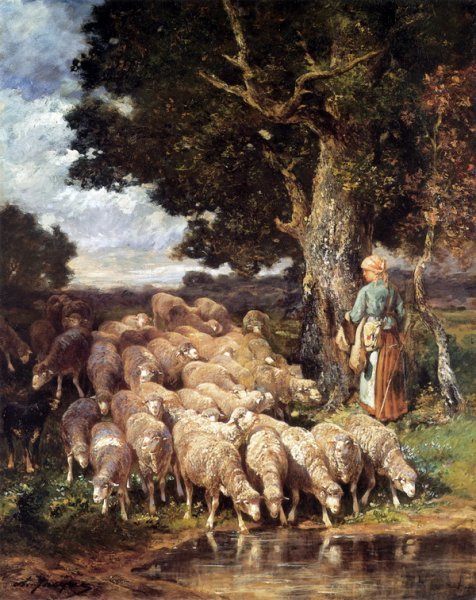 Репродукция картины Пастушка с овечками у ручья (Shepherdess with sheep near a stream) - Жак Шарль Эмиль