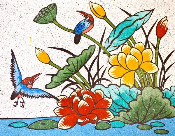 Постер Птицы возле цветов (Birds near the flowers)