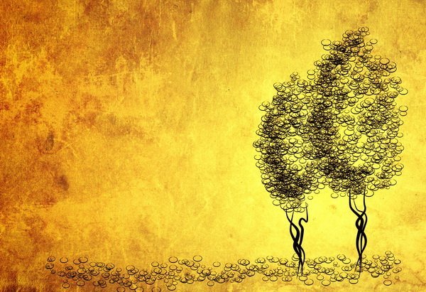 Постер Два дерева на золотистом фоне (Two trees on the golden background)